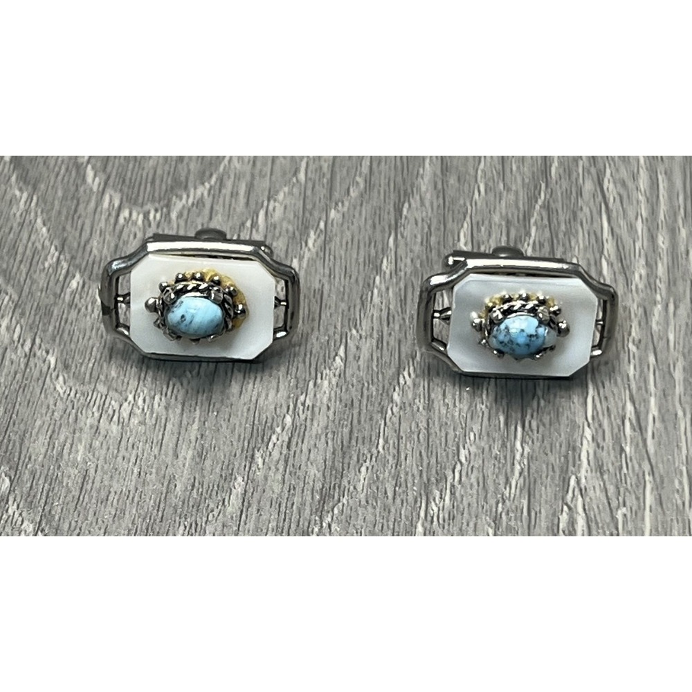 Vintage White & Turquoise Color‎ Cabochon Silver Tone Cufflinks Fashion Jewelry